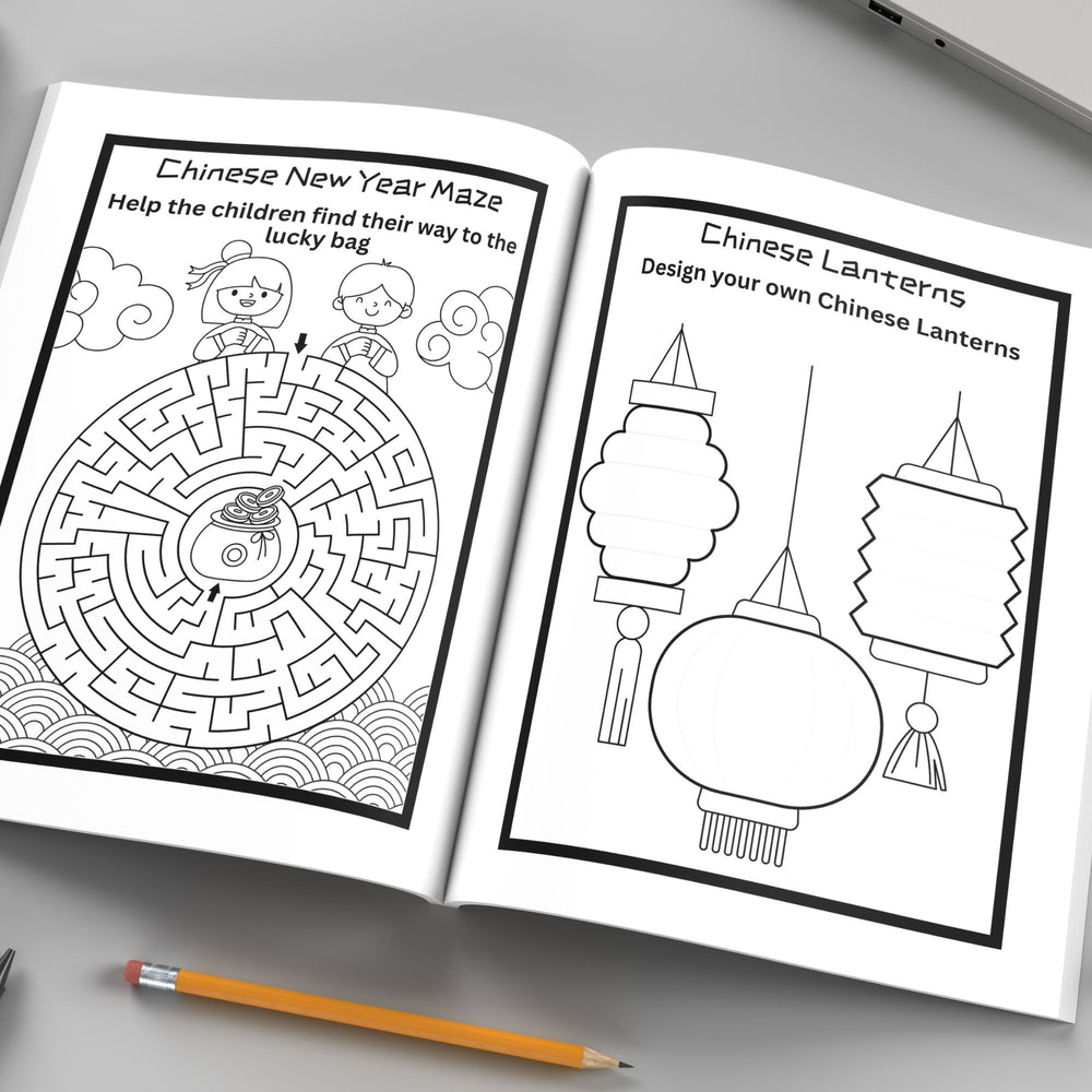 Free CNY Printable workbook for Kids with pencil on gray background