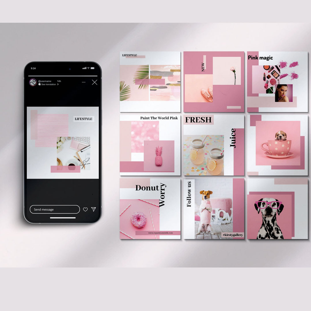 a phone and 9 instagram templates showing a varity of designs