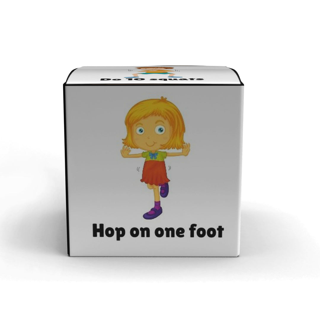 a dice showing a girl on one foot