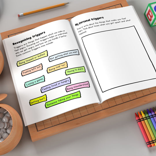 free printable anger management workbook for kids open on a desk 