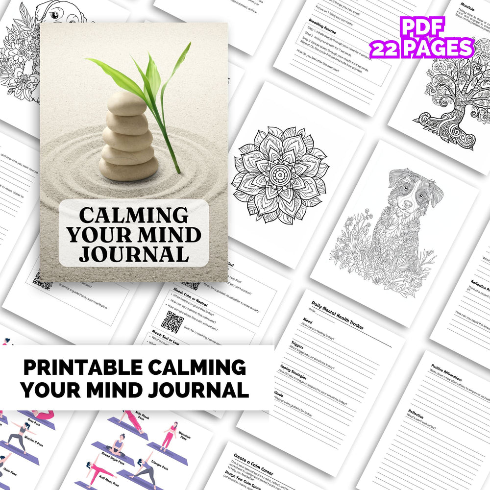 a selection og Calming Your Mind Journal  worksheets for Teens and Adults