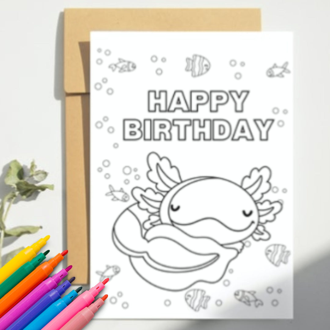 Cute Axolotl Coloring birthday card - KY designX