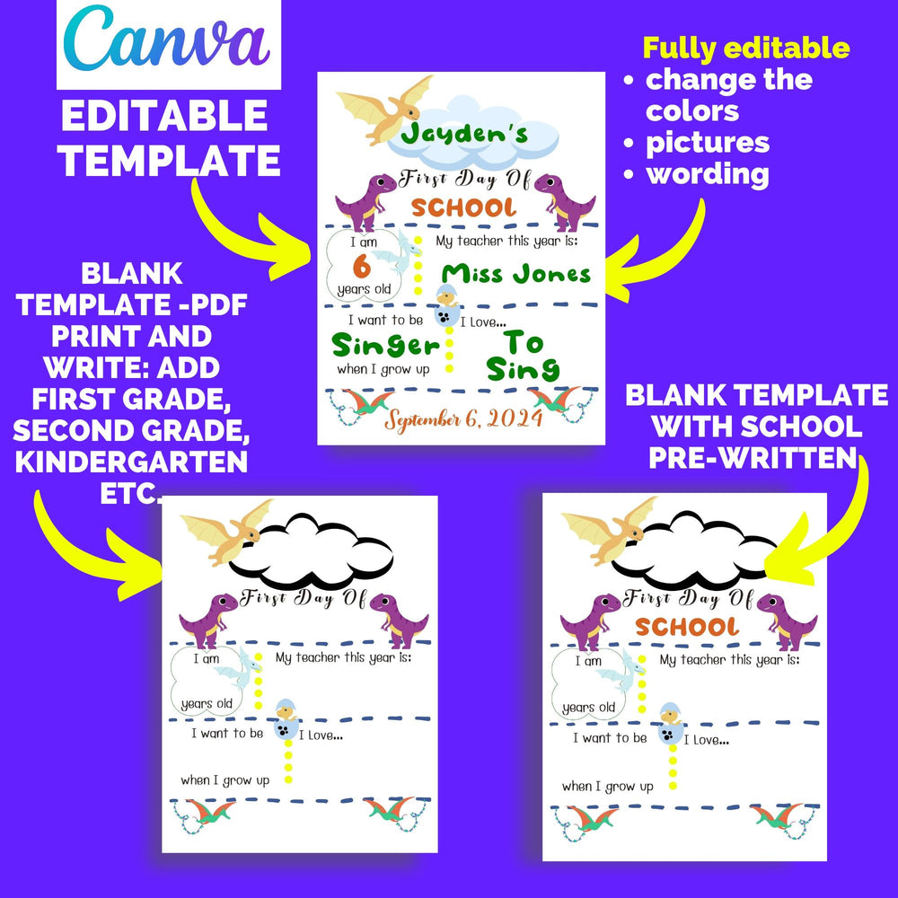 Dinosaur First Day of School Editable Template - KY designX