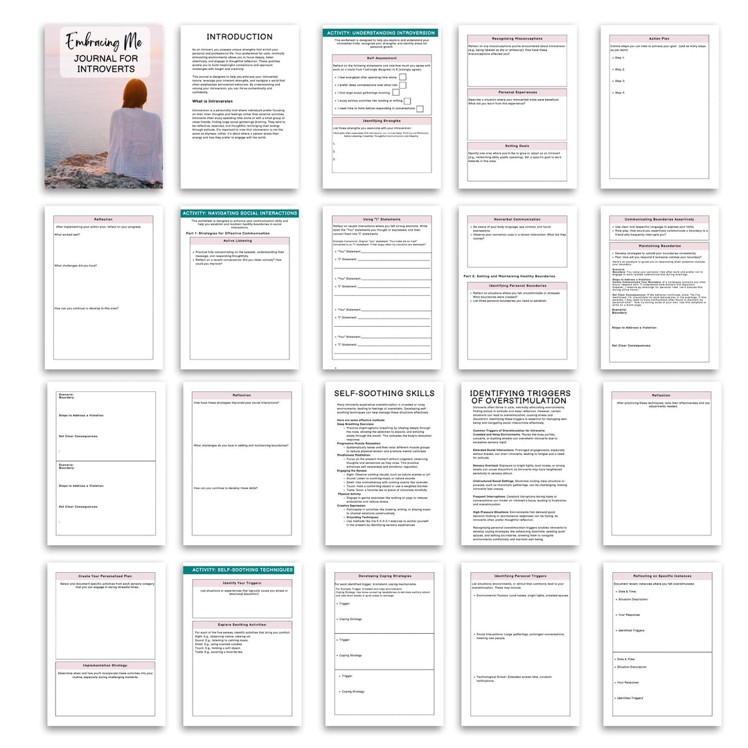 a selection of Printable Personal growth journal worksheets for introverts