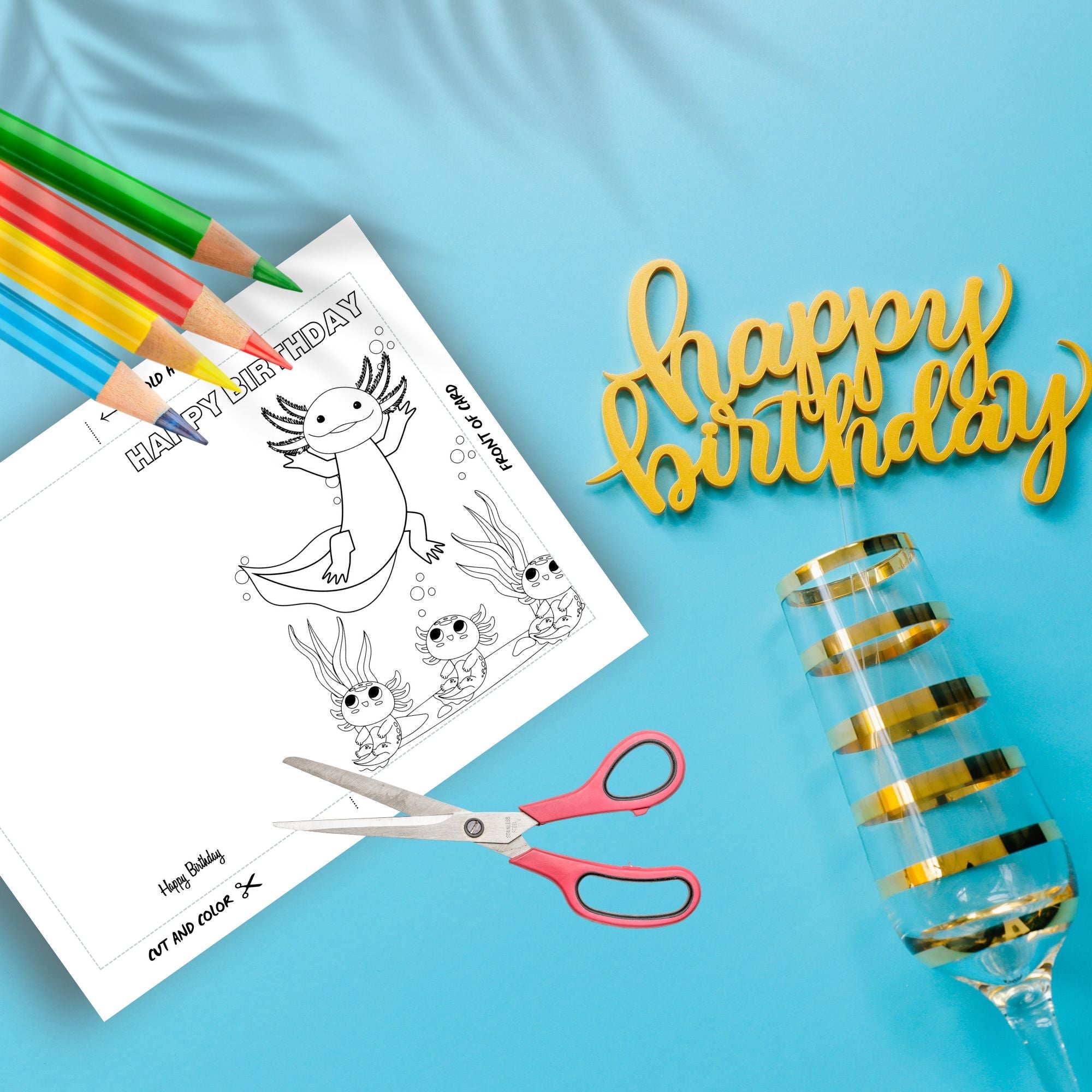 Printable coloring Axolotl birthday card - KY designX